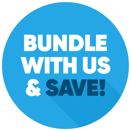 Blue circle with the text BUNDLE WITH US & SAVE