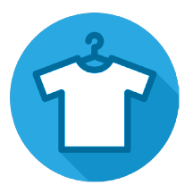 icon of white t-shirt on a hanger in a blue circle